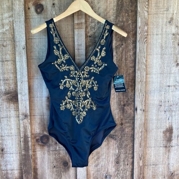 Boston Proper Amita Naithani V-neck Sequin Embellished One Piece Swimsuit-black - Picture 2 of 16